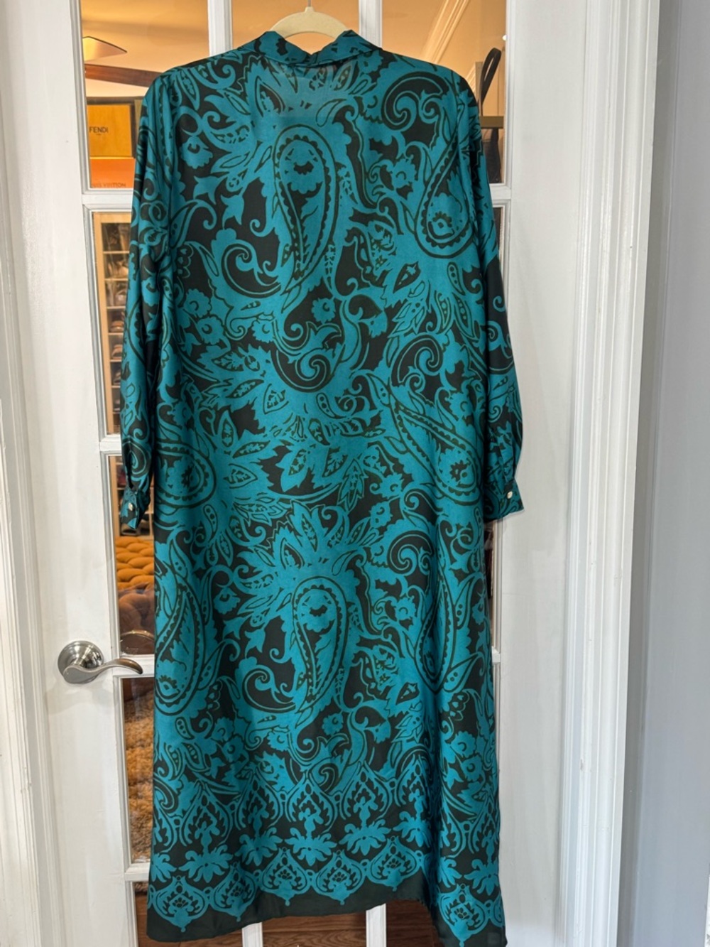 Zara Teal and Black Paisley Long Sleeve Dress satin maxi button down gold accent - Picture 6 of 6